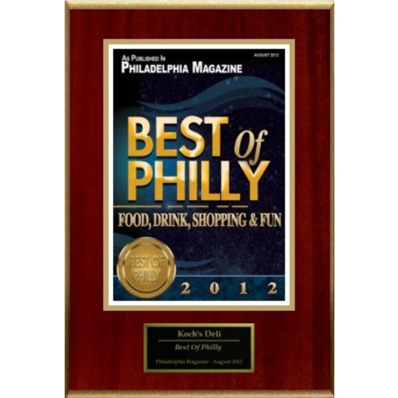 A framed "Best of Philly 2012" award from Philadelphia Magazine for Koch's Deli.